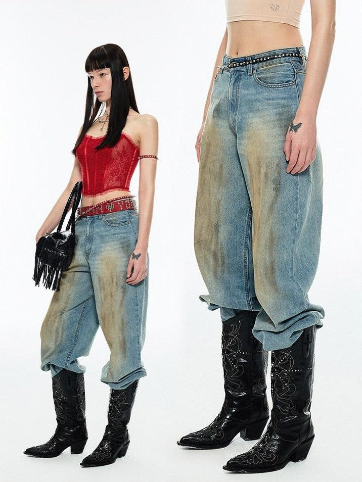 Vintage Washed Mud Dyed Straight Cut Floor Length Women's Denim Wide-leg Jeans