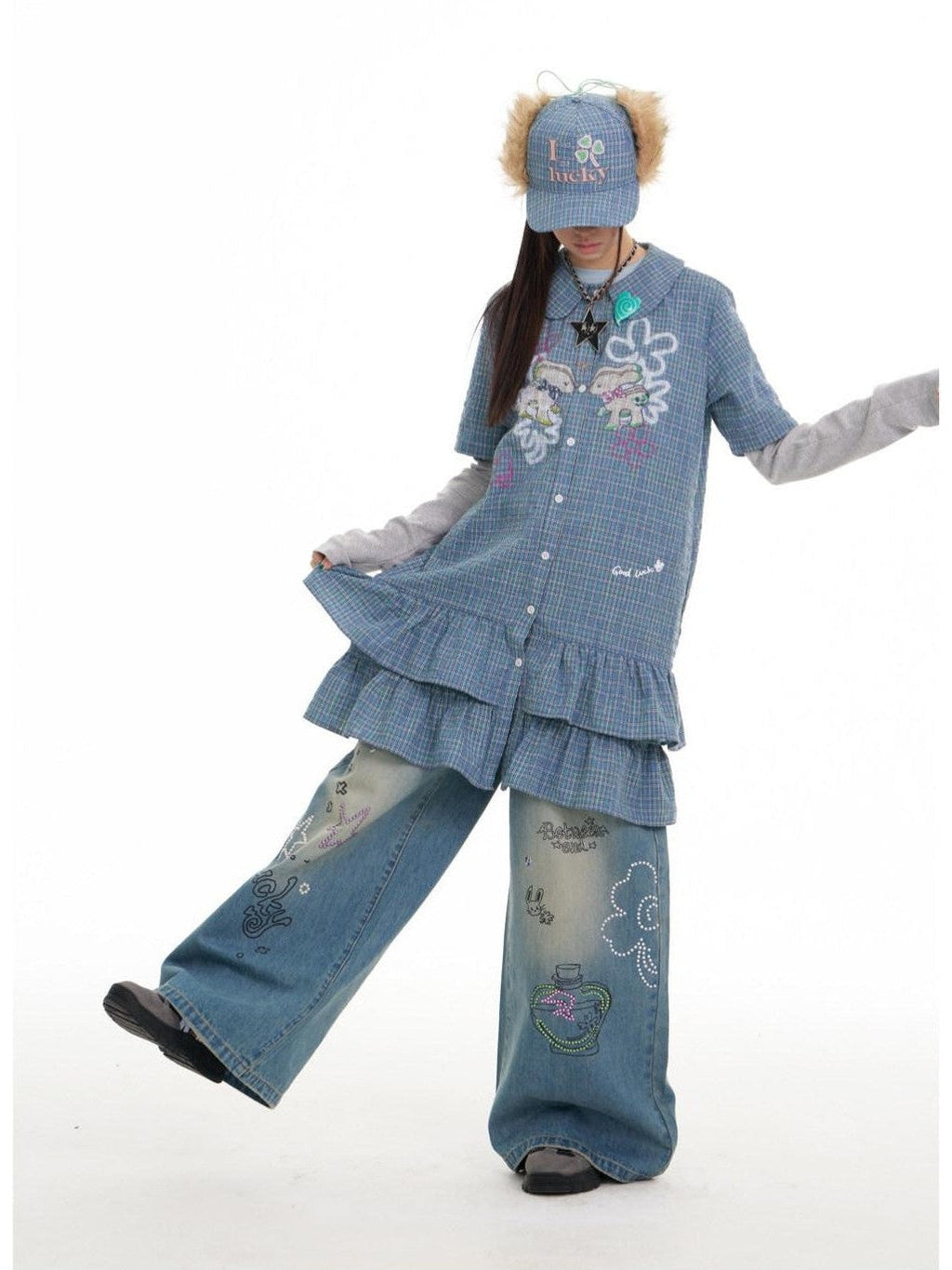 Blue Deer Print Gingham Doll Collar Women's Polyester Casual Mini Dresses