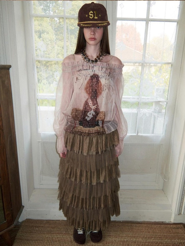 French Lace Multi Layer Tulle Spliced Women's Chiffon Tiered Skirts