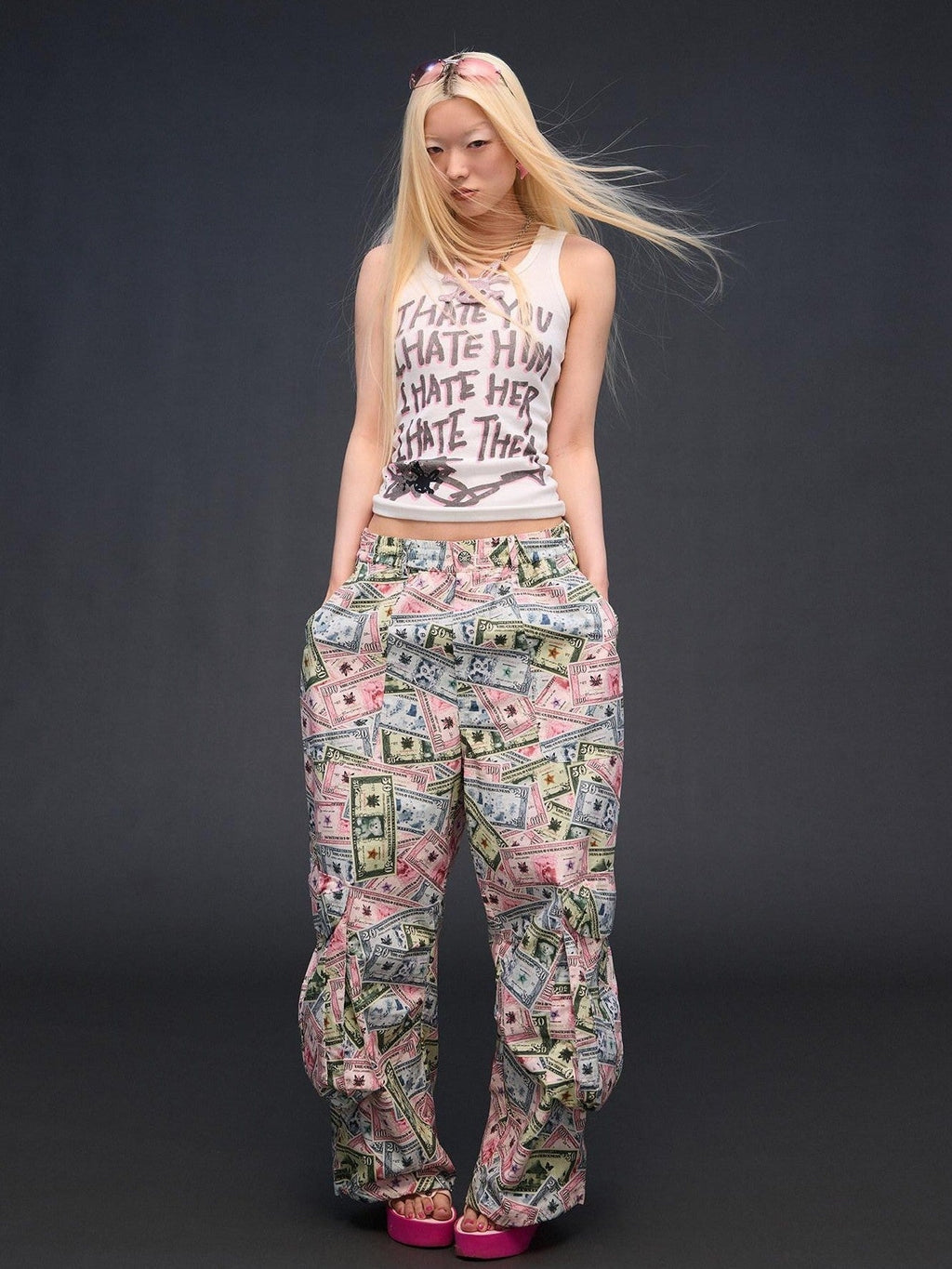 Money Print Cargo Multi Pocket Women'S Cotton Wide-Leg Pants