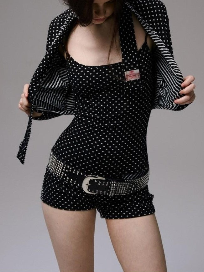 Polka Dot Striped Reversible Spaghetti Jumpsuit Short Cover Women's Sets & Suits