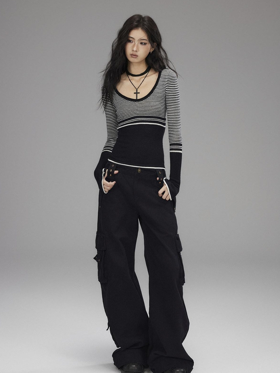 Washed Low Rise Wide Leg Utility Loose Fit Womens Black Cargo Pants