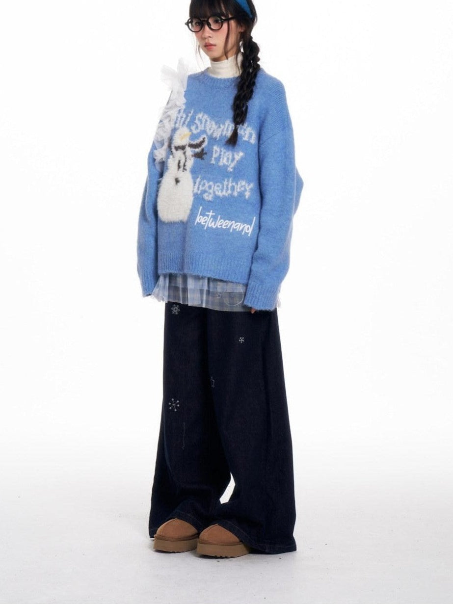 Snowman Print Vintage Loose Slimming Fleece Lined Women's Denim Wide-leg Jeans