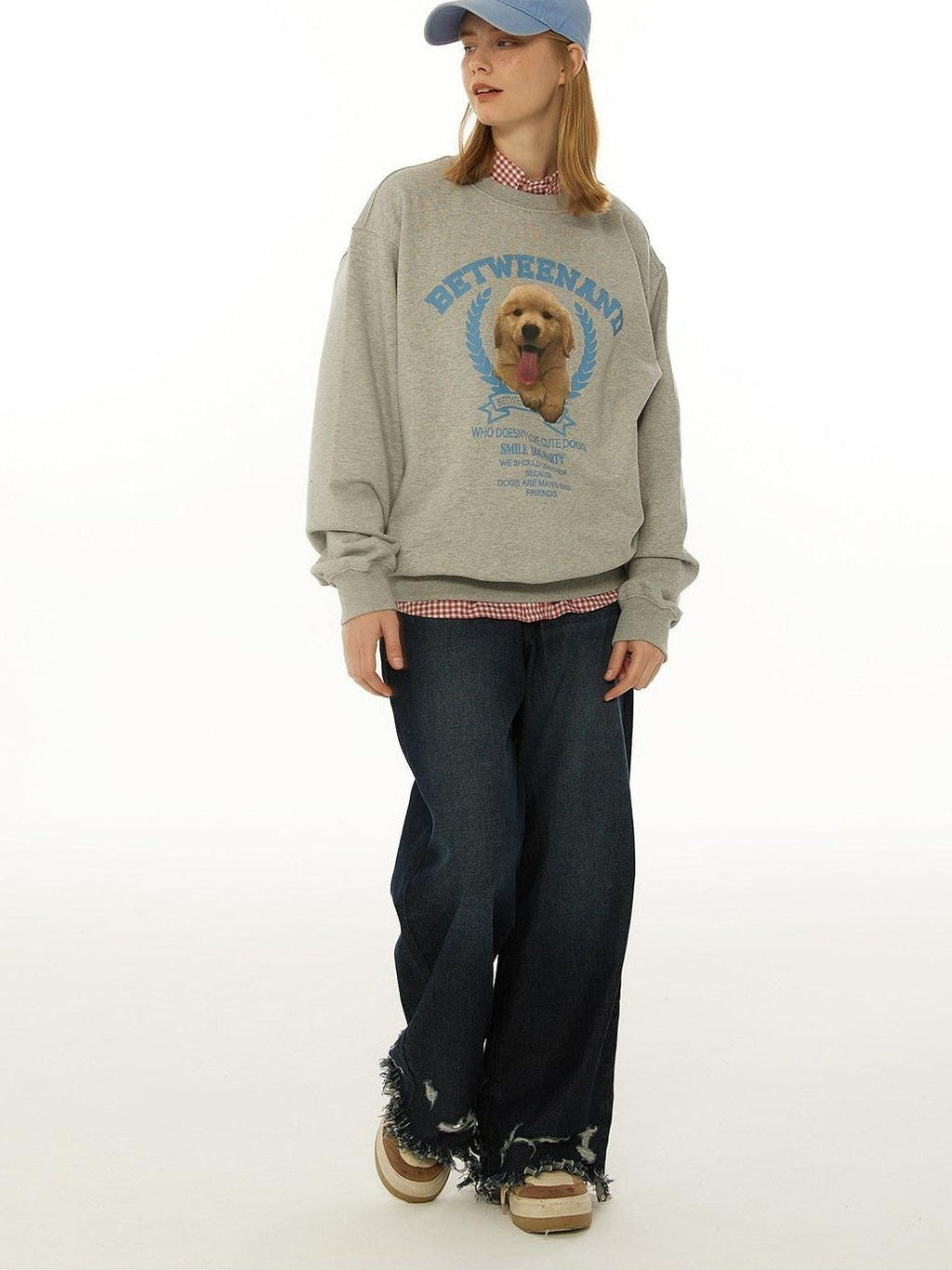 Gray Tongue Out Puppy Motif Loose Fit Women's Cotton Blend Sweatshirts