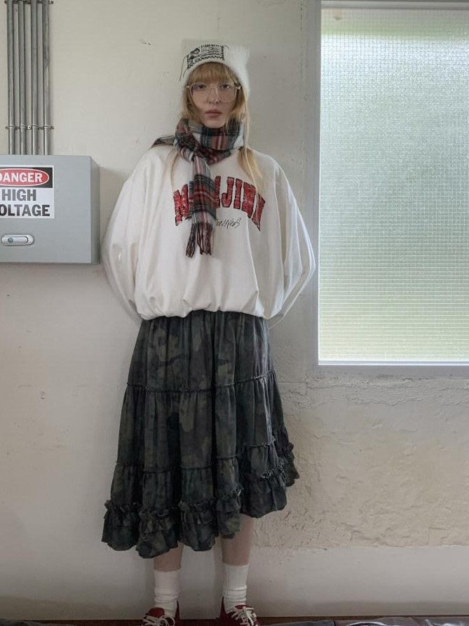 Camouflage Irregular Ruched Raw Hem Women's Midi Oversized Tiered Skirts