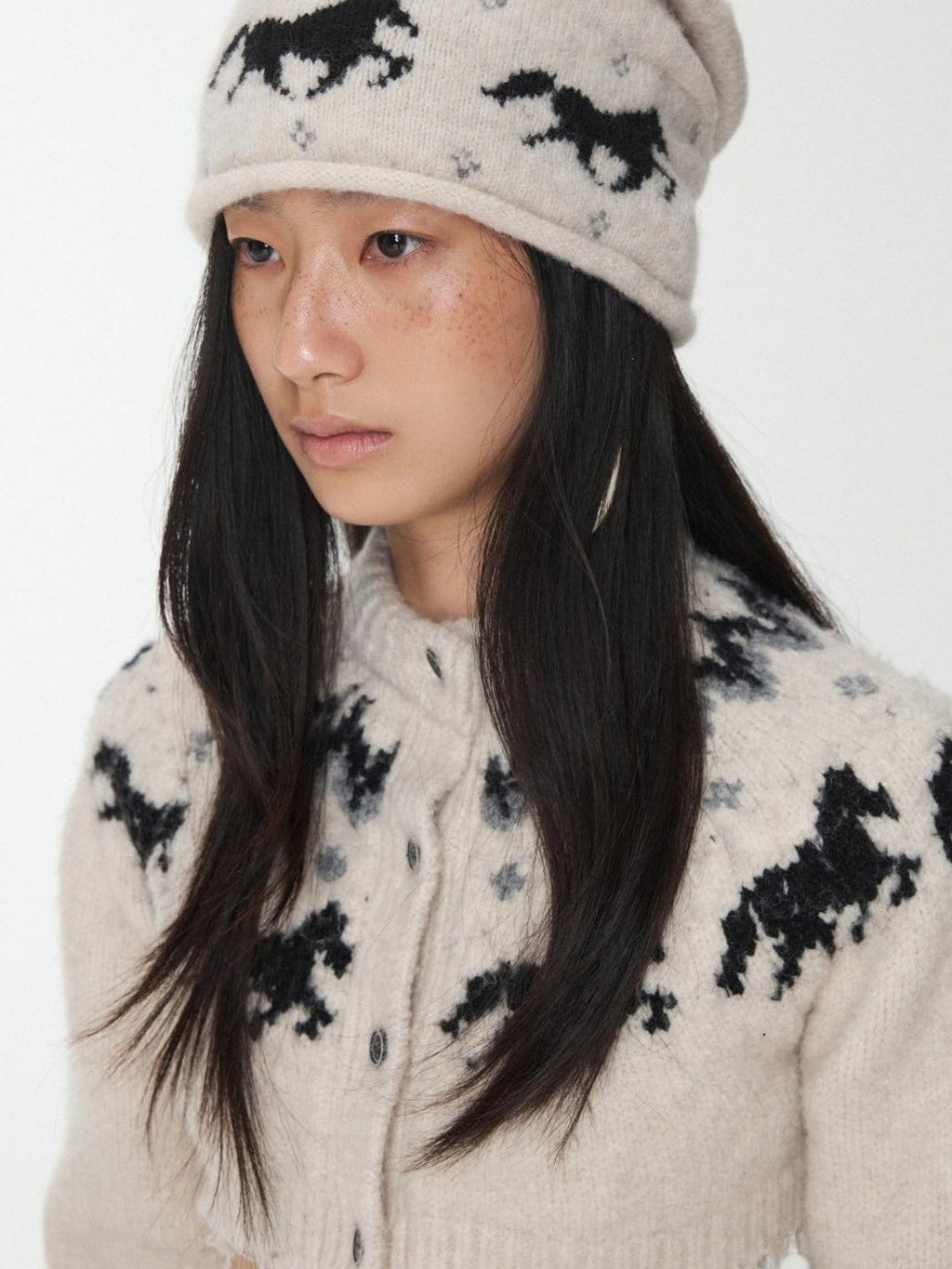 Fair Isle Pony Jacquard Adjustable Drawstring Women's Knit Beanies