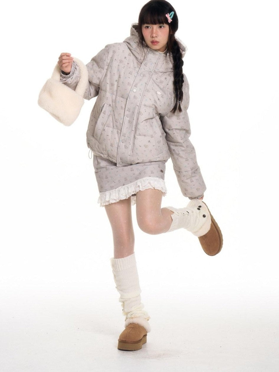Gray Full Print Lace Hooded Women's White Duck Down Jackets