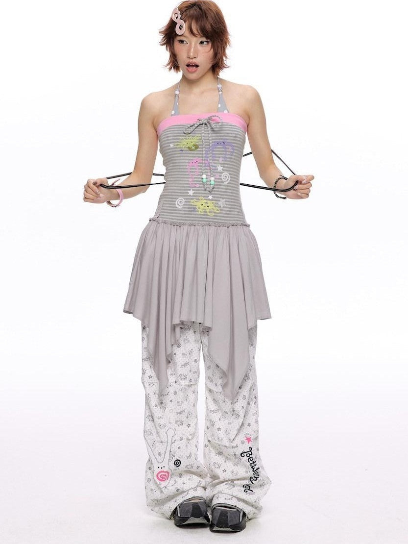 Gray Pink Striped Bustier Asymmetrical Women's Cotton Halter Midi Dresses