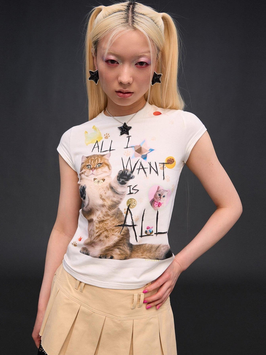 Slogan Cat Print Slim Fit Women'S Cotton Stretch Short Sleeve T-Shirts