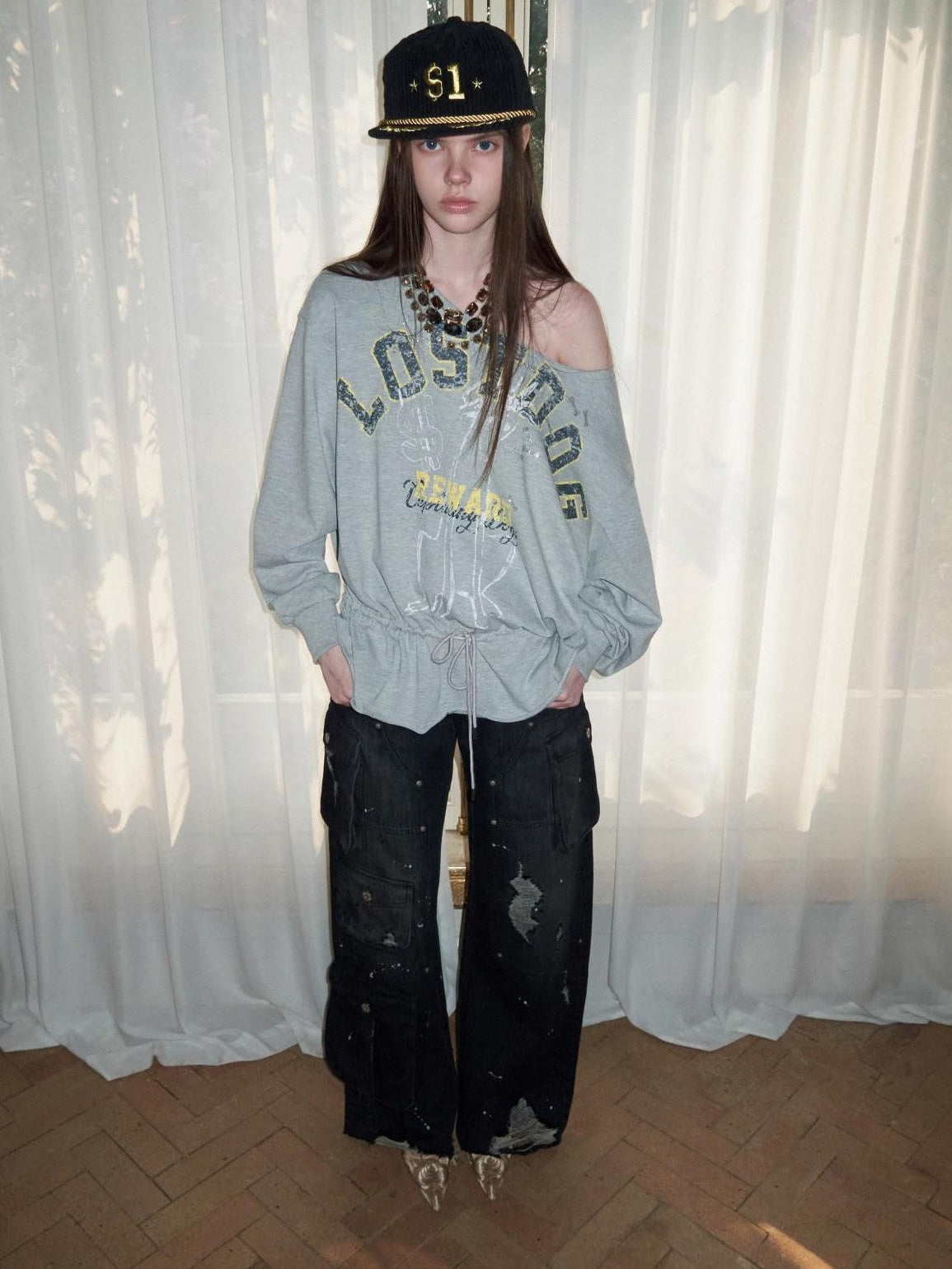 Animal Print Letters Asymmetric Shoulder Drawstring 3d Floral Women's Sweatshirts