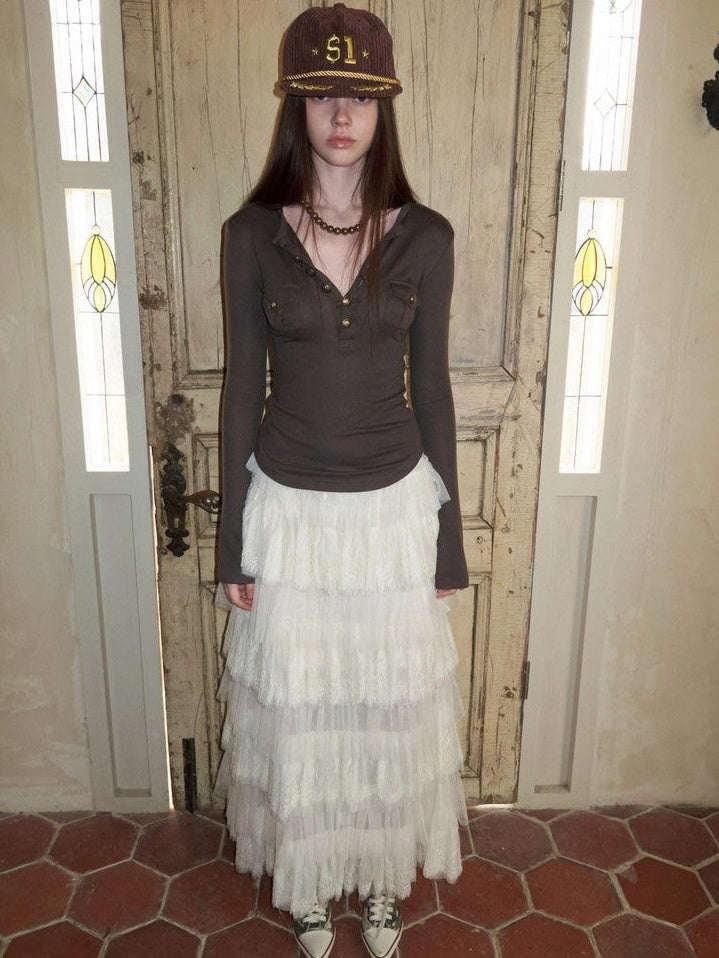 French Lace Multi Layer Tulle Spliced Women's Chiffon Tiered Skirts