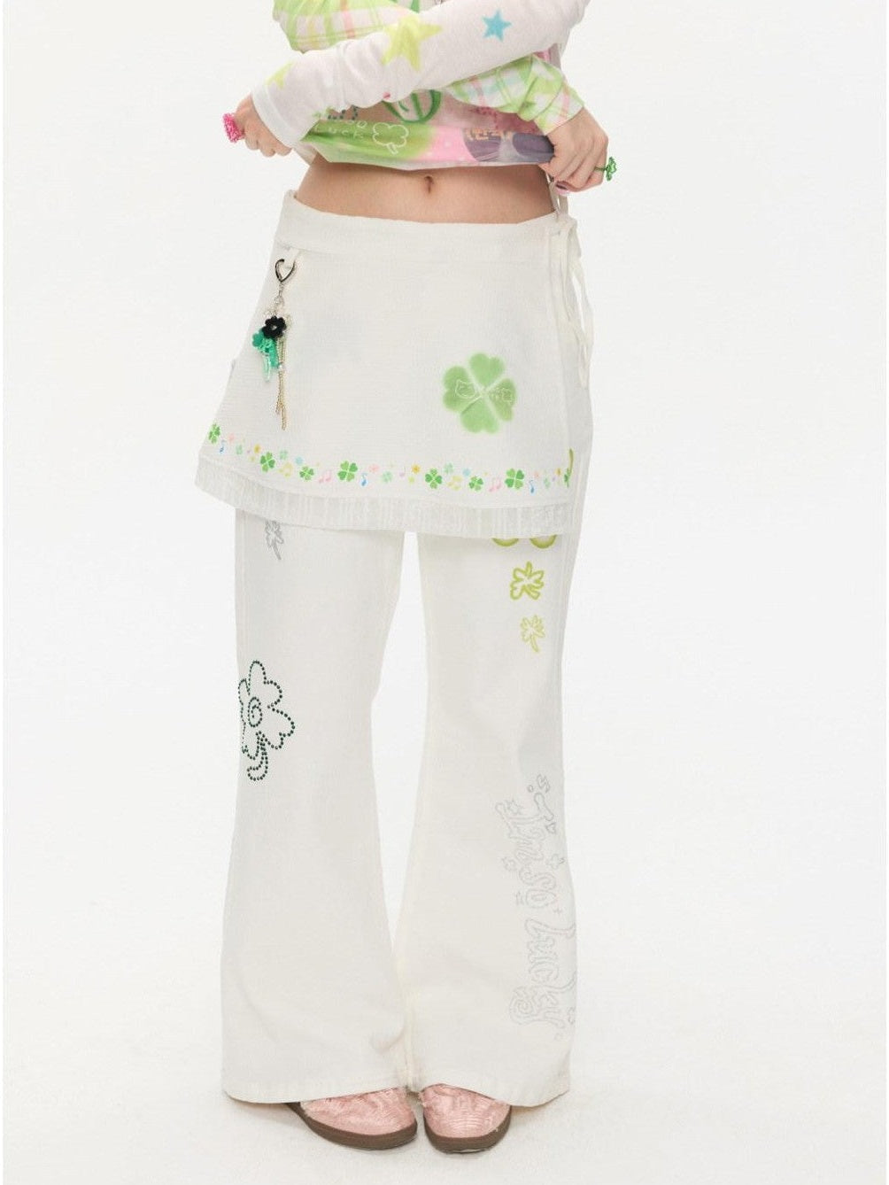 White Clover Print Tie Strap Layered Mesh Women's Polyester Clothing Accessories
