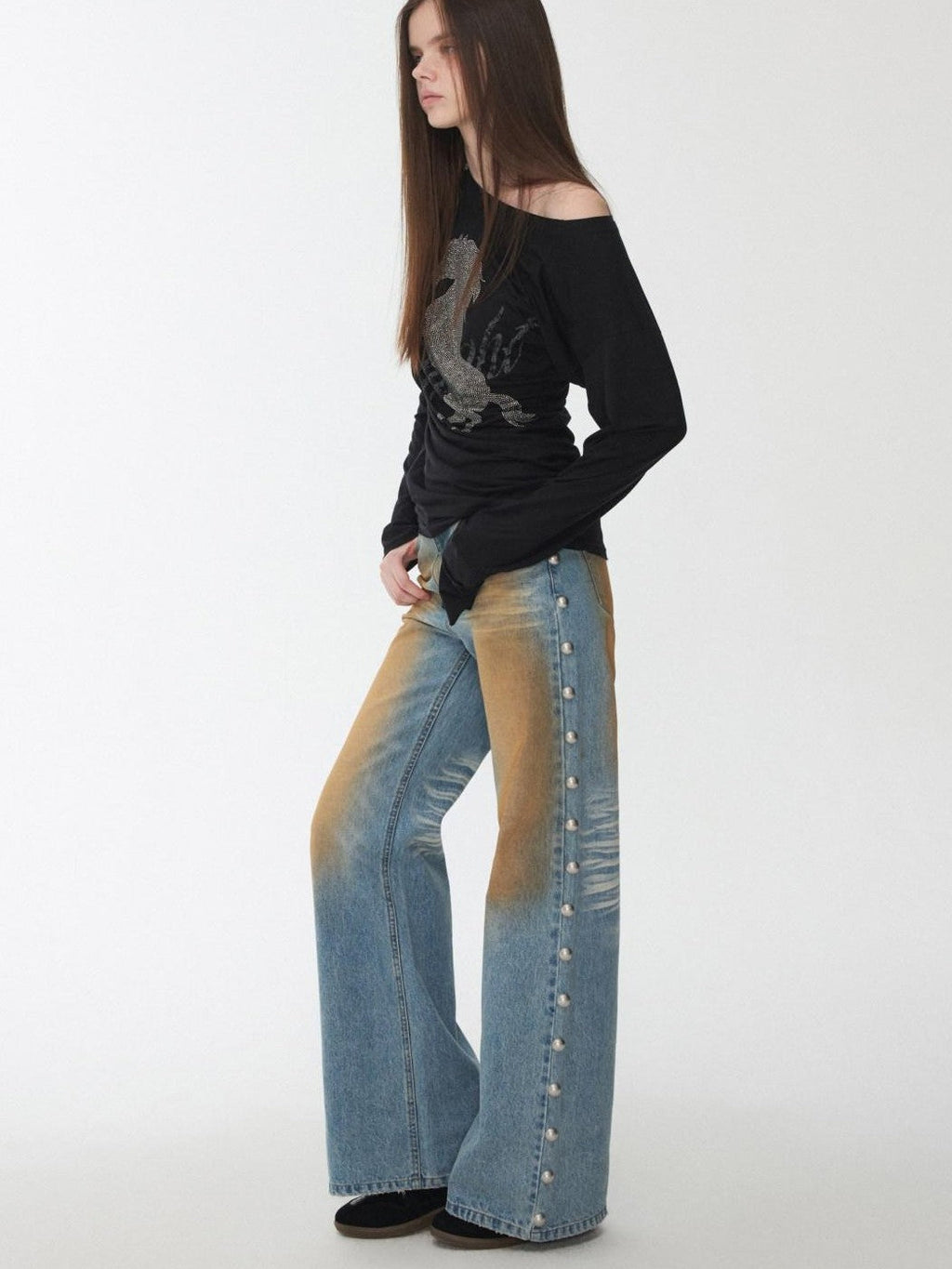 Mud Dyed Washed Distressed Studded Women's Denim Wide-leg Jeans