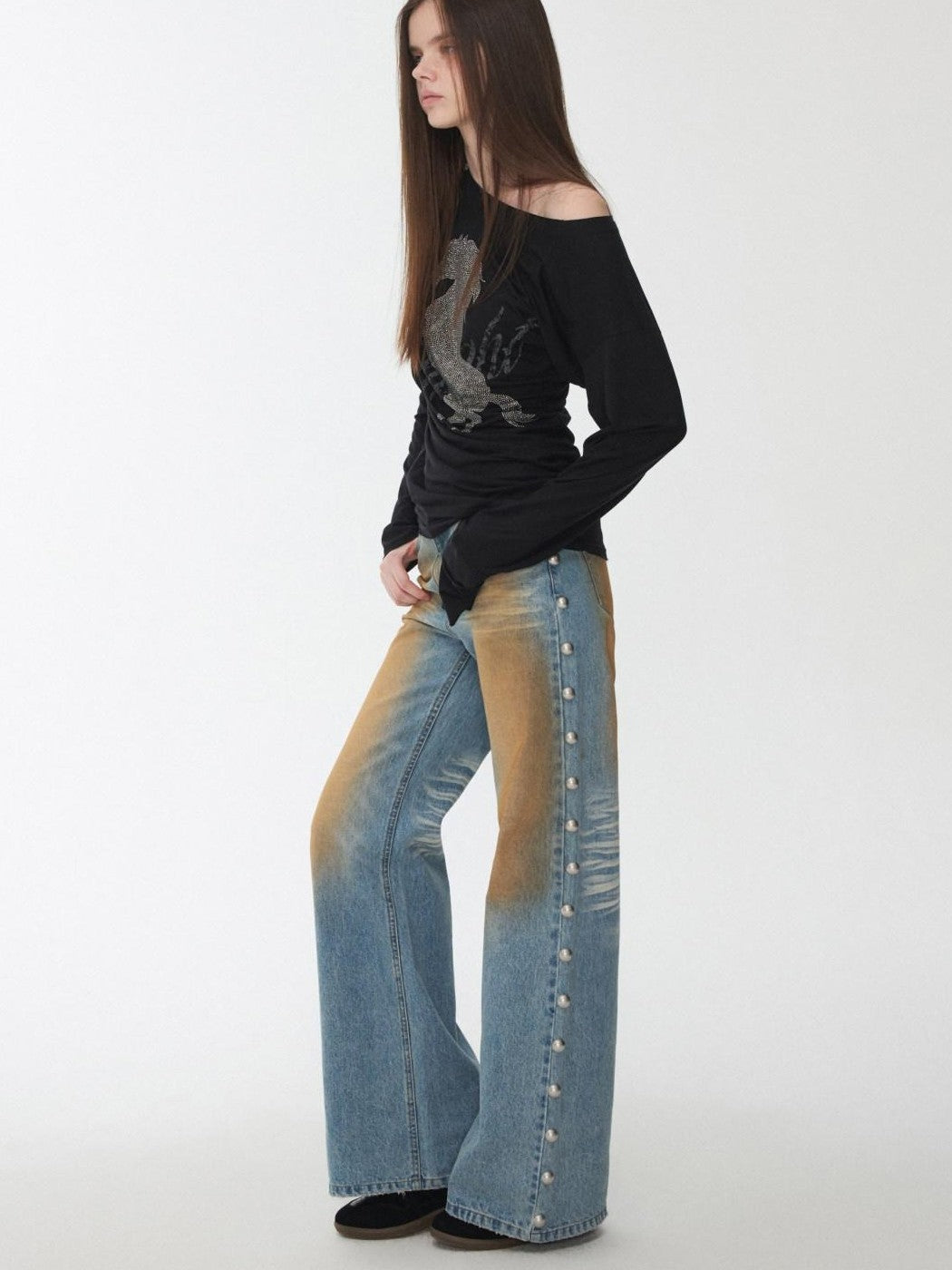 Mud Dyed Washed Distressed Studded Women's Denim Wide-leg Jeans