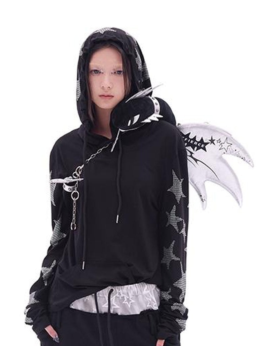 Five Pointed Star Rhinestone Hooded Long Sleeve Top