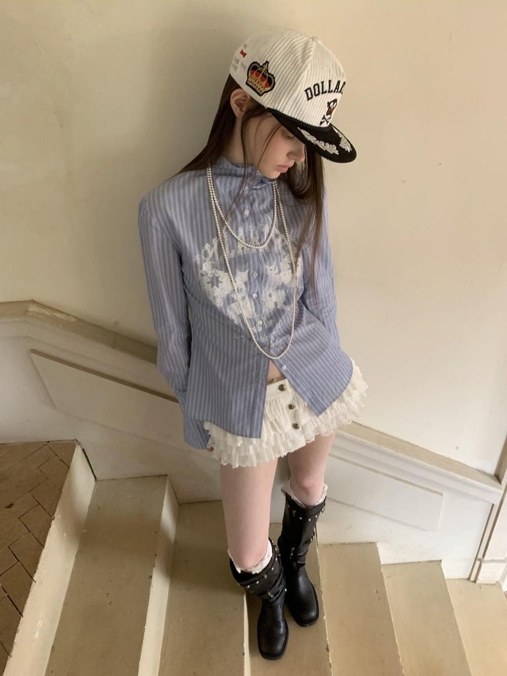 Black White Embroidered Flat Brim Women's Corduroy Baseball Caps