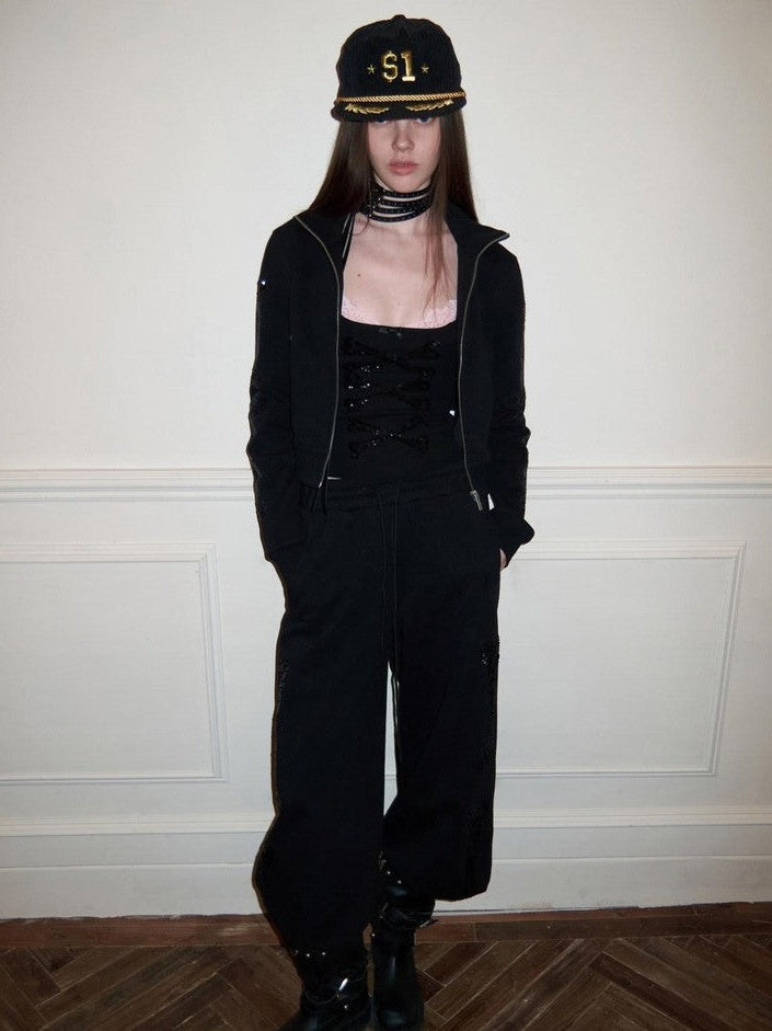 Vintage Bone Sequin Embroidery Stand Collar Cropped Women's Cotton Tracksuit Sets