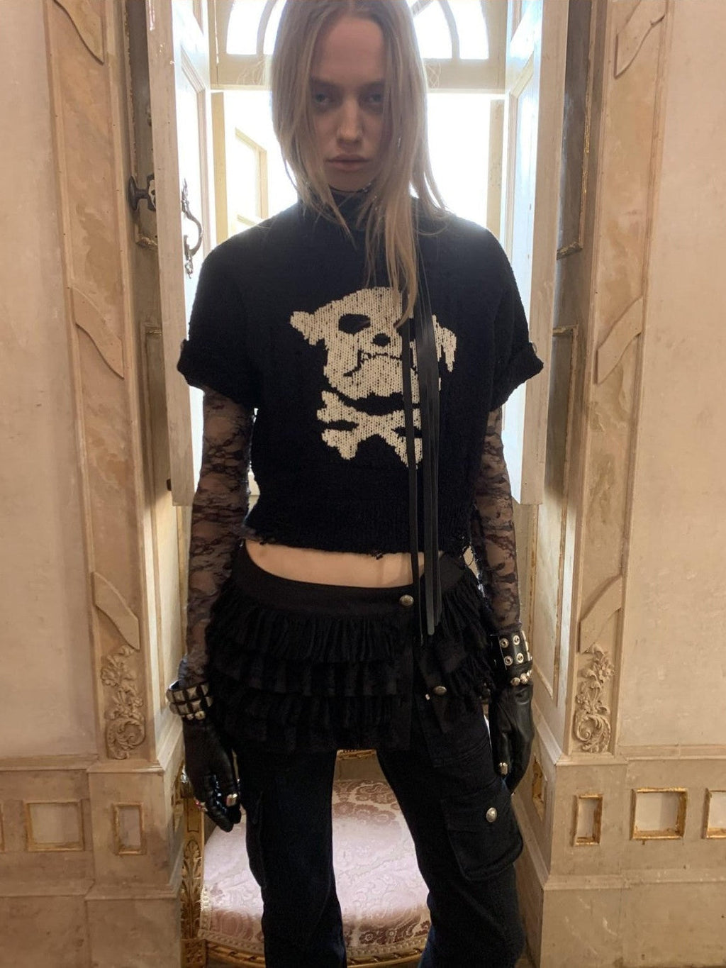 Skull Jacquard Knit Ripped Fitted Punk Women's Cotton Crop Tops