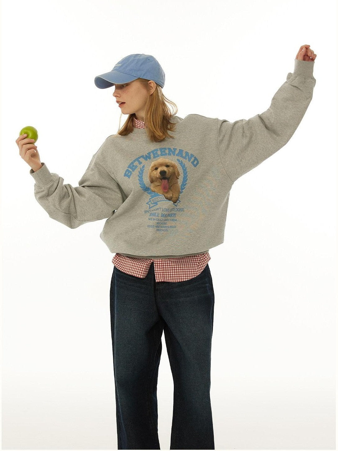 Gray Tongue Out Puppy Motif Loose Fit Women's Cotton Blend Sweatshirts