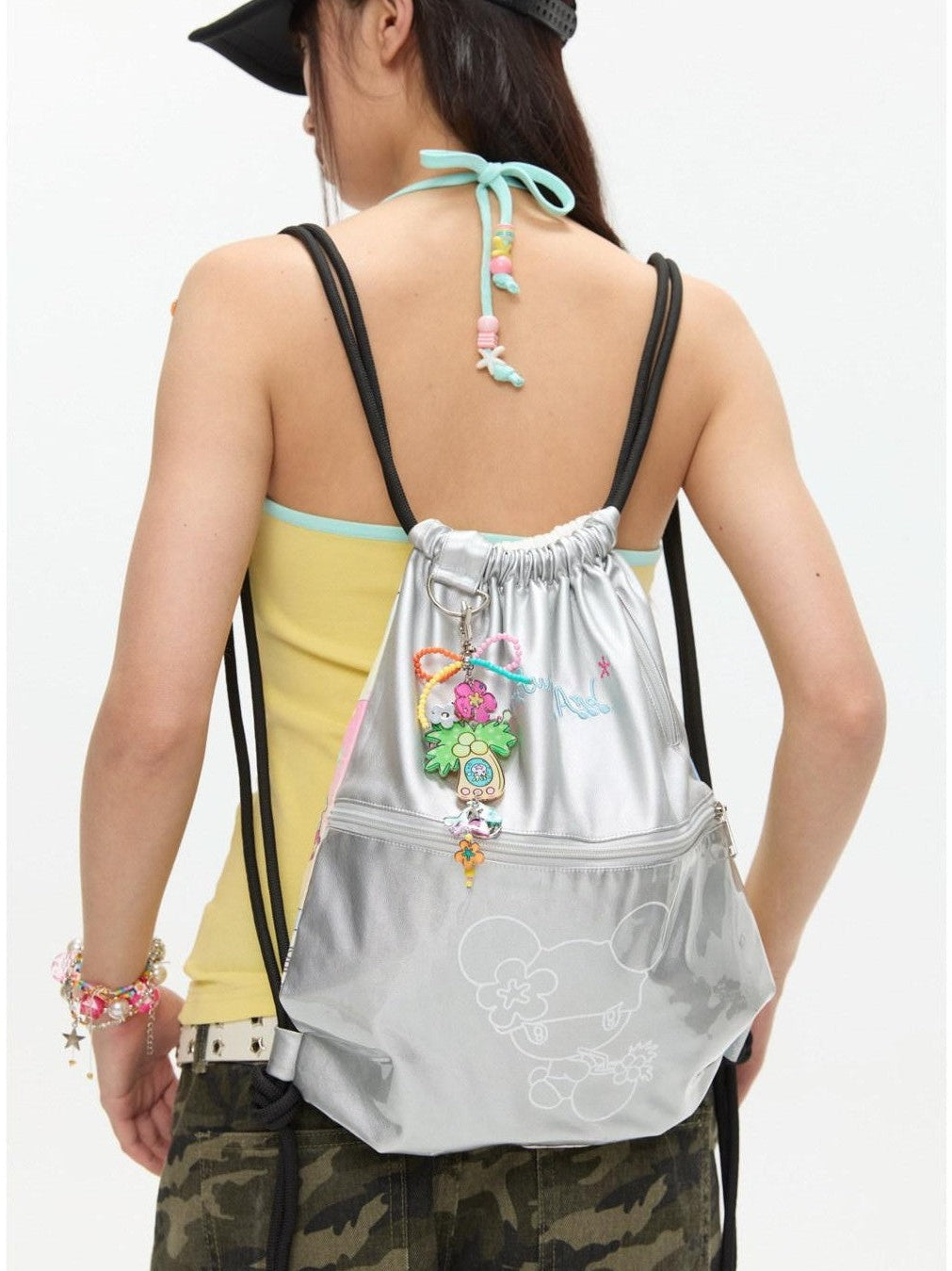 Silver Original Designer Print Double Sided Women's Drawstring Bags