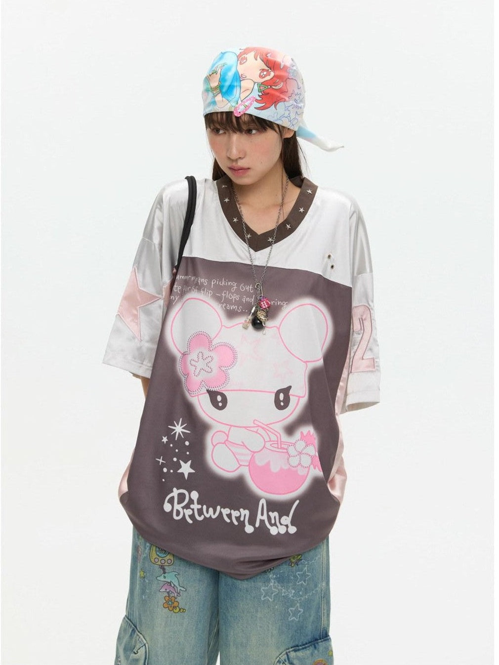 Silver Patchwork Printed Breathable Women's Polyester Oversized T-shirts