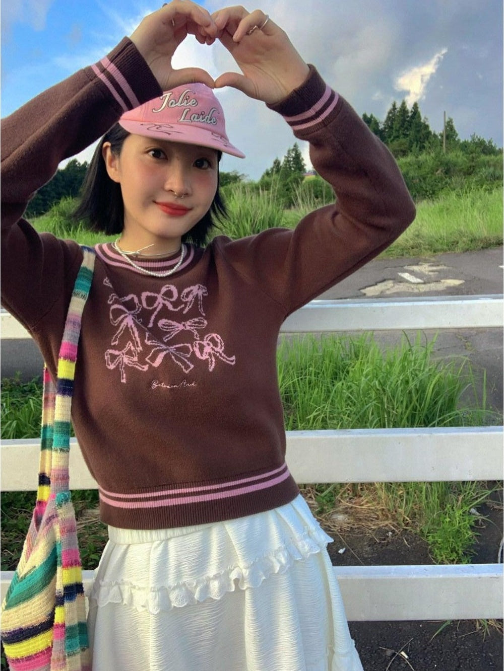 Brown Bow Embroidery Jacquard Round Neck Women's Viscose Blend Sweaters