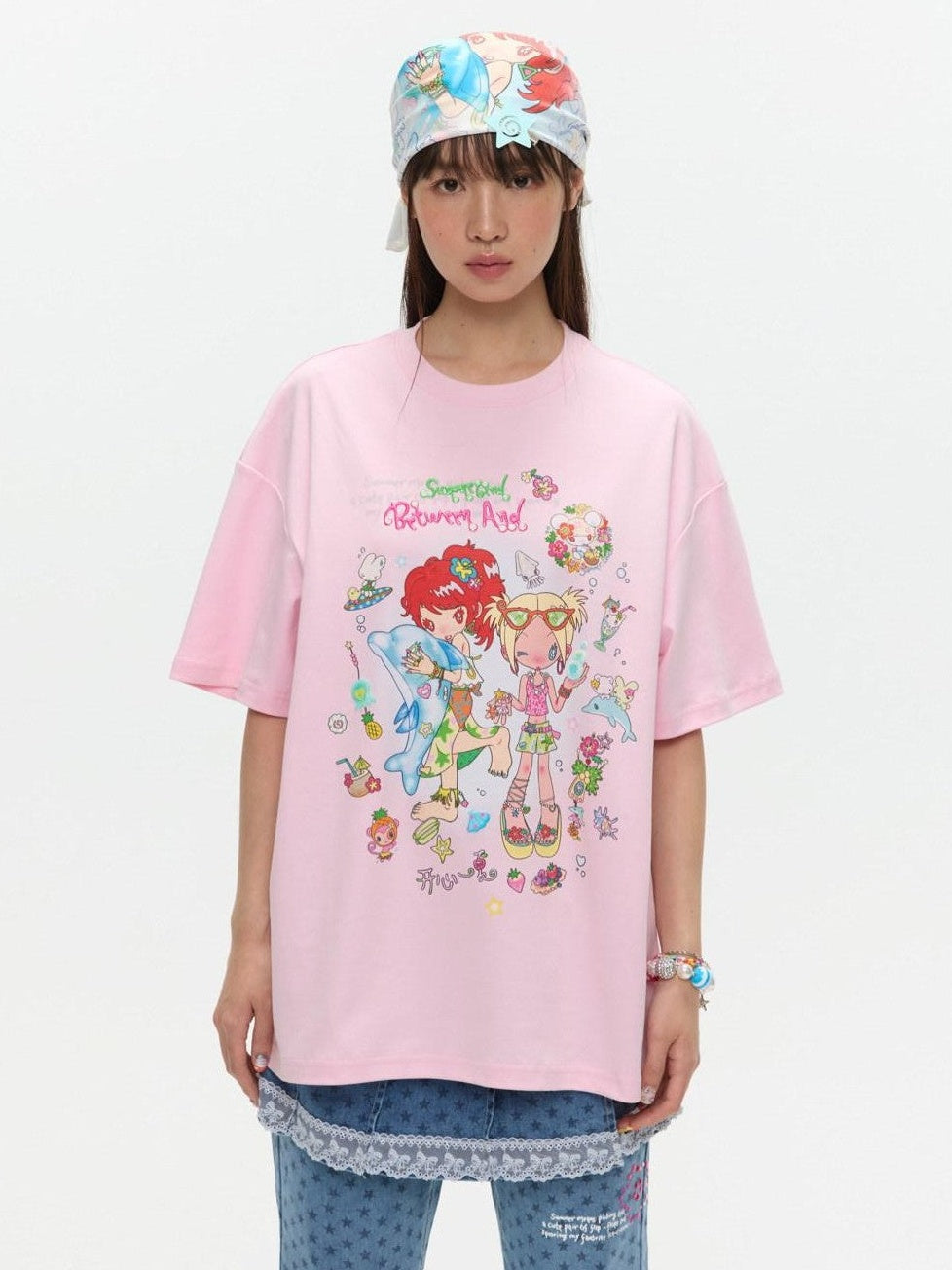 Two Tone Creative Print Women's Pure Cotton Oversized T-shirts