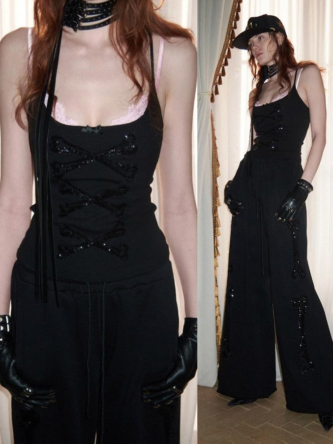 Vintage Bone Sequin Embroidery Stand Collar Cropped Women's Cotton Tracksuit Sets
