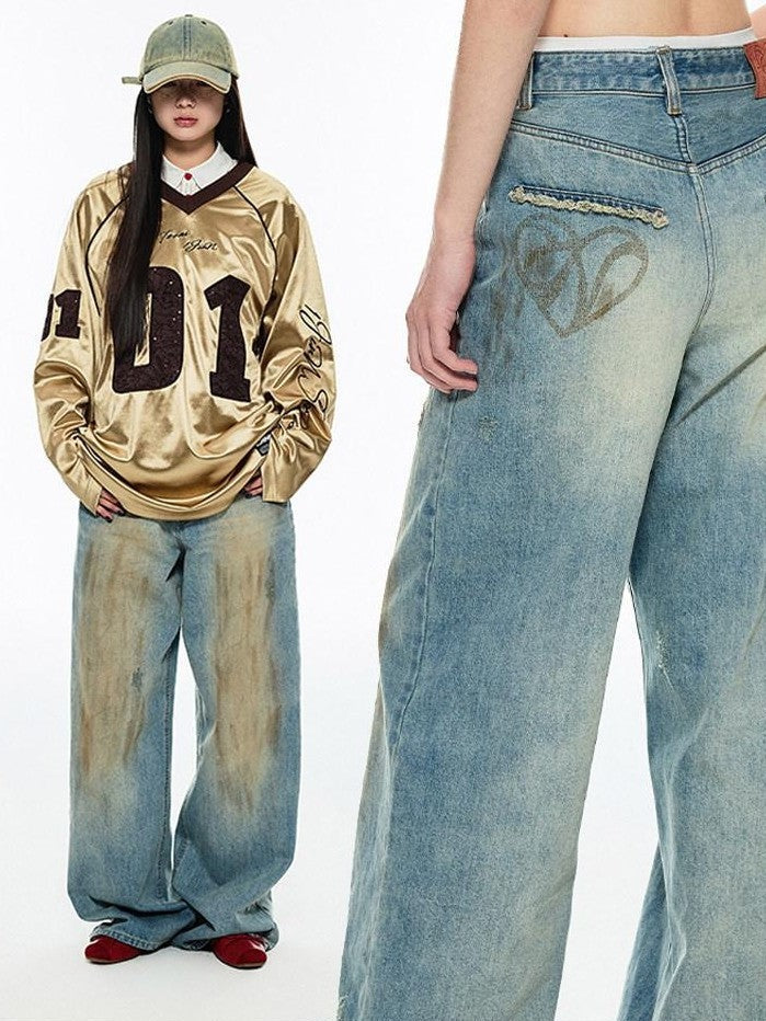 Vintage Washed Mud Dyed Straight Cut Floor Length Women's Denim Wide-leg Jeans