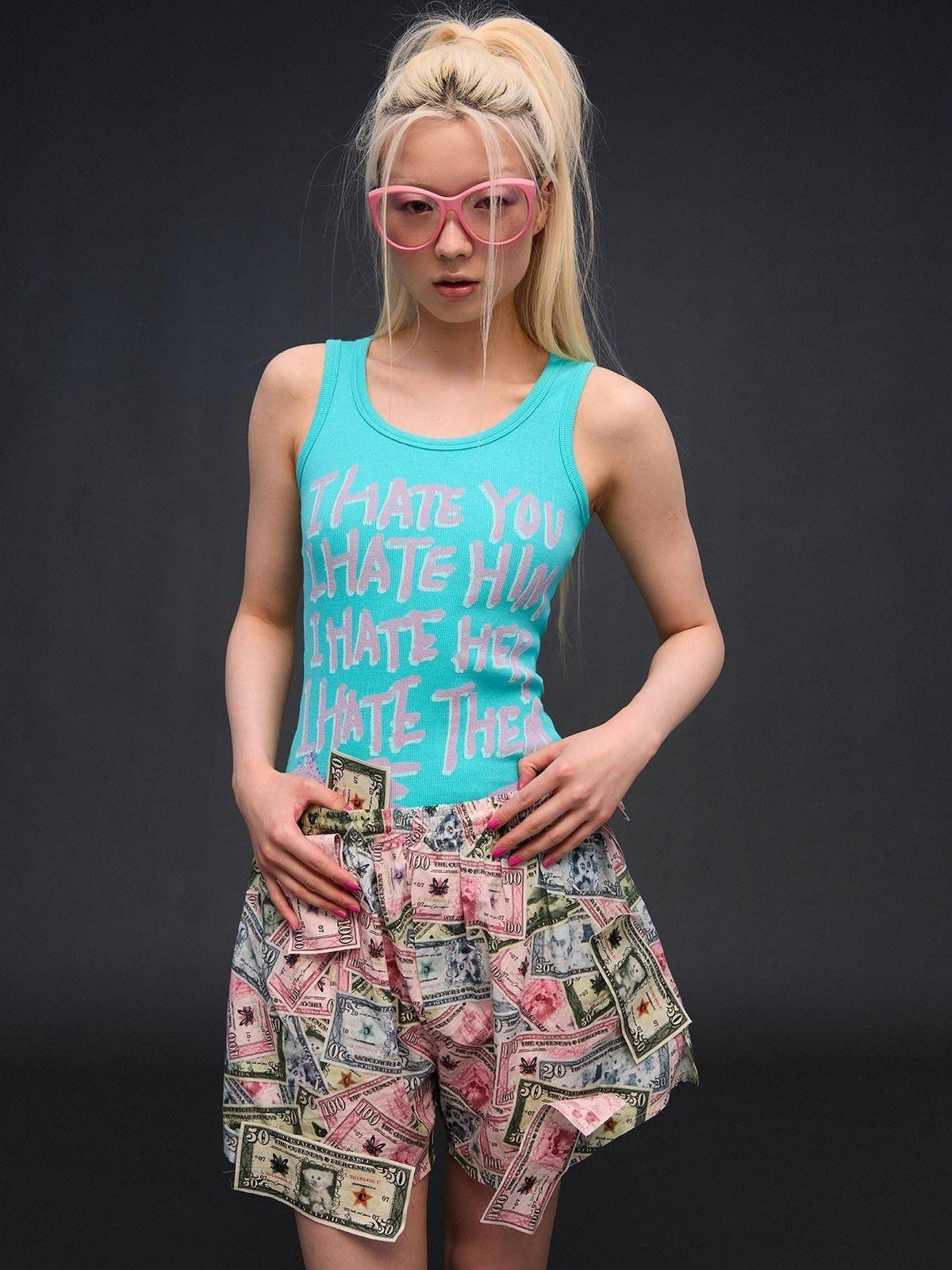 Multicolor Money Print Straight Leg Women'S Pure Cotton Culotte Shorts