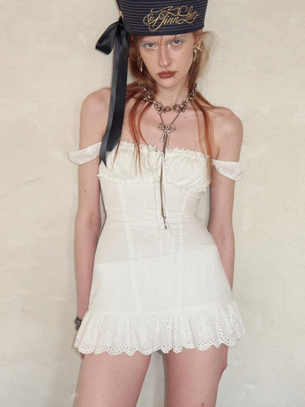 White Puff Sleeve Jacquard Fitted Waist Women's Cotton Slip Mini Dresses