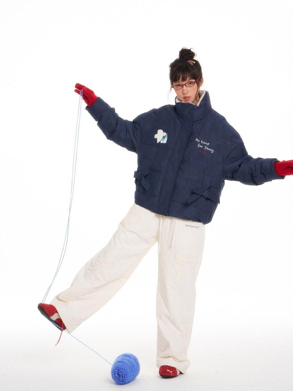 Denim Look Printed Bow Pocket Loose Women's Cotton Puffer Jackets
