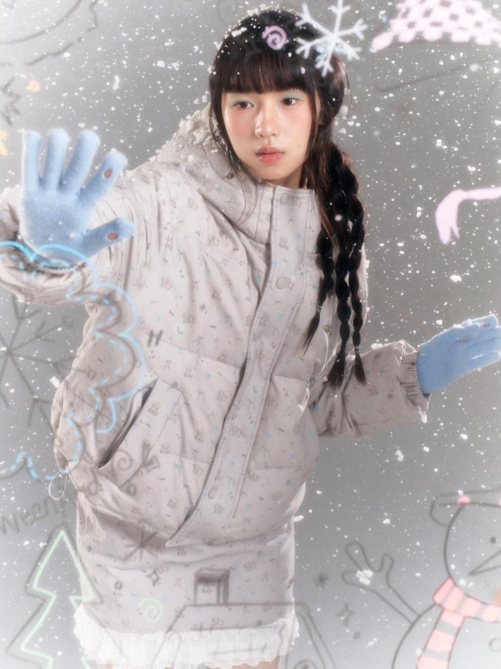 Gray Full Print Lace Hooded Women's White Duck Down Jackets