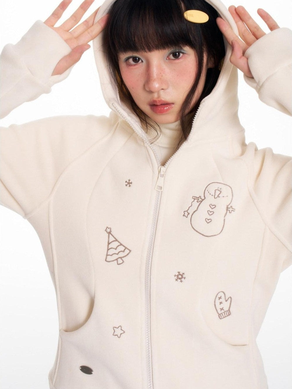 Plush Snowman Print Loose Fit Sweet Women's Polyester Zip-up Hoodies