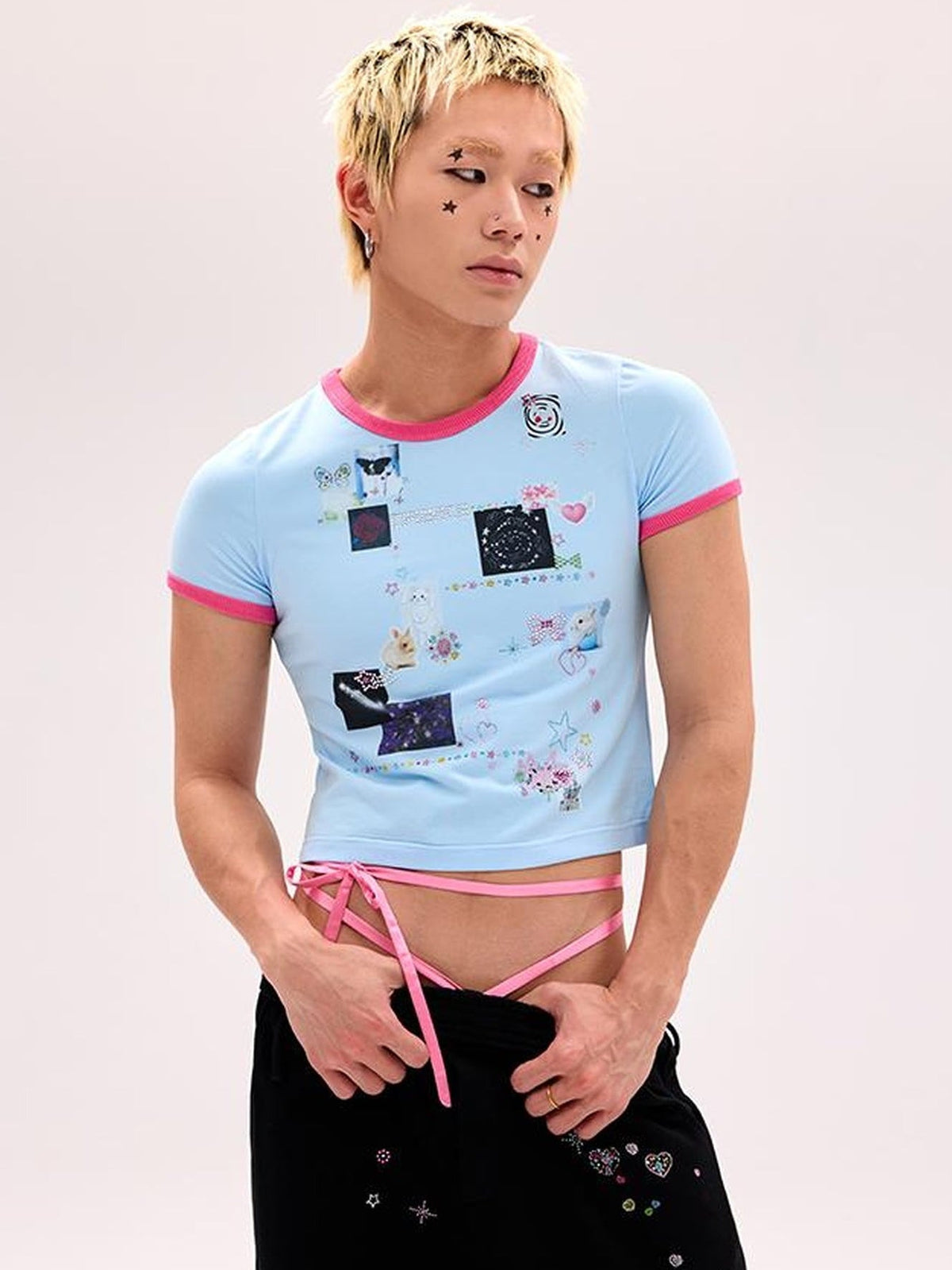 Tattoo Print Rhinestone Tee High Elastic Thick Opaque Stiff Fit