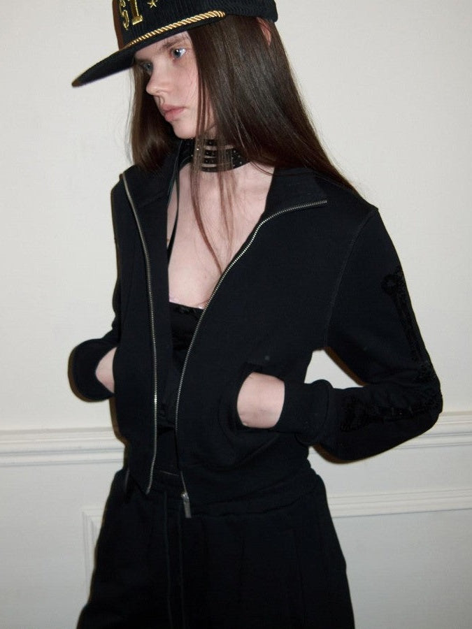 Vintage Bone Sequin Embroidery Stand Collar Cropped Women's Cotton Tracksuit Sets