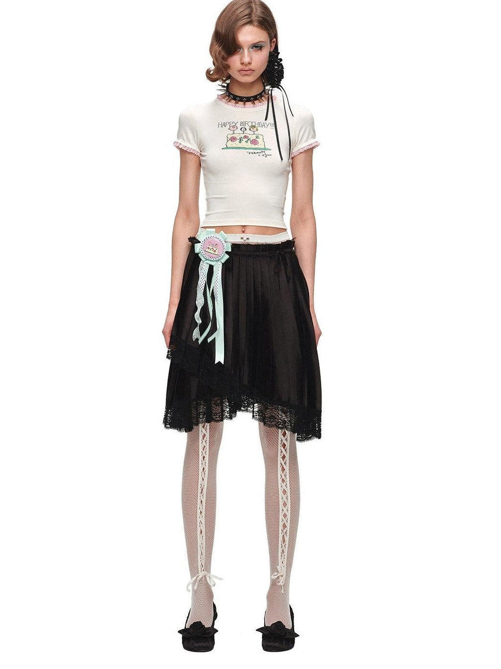 Colorblock Satin Splice Lace Drawstring Irregular Pleated Women's Midi Skirts