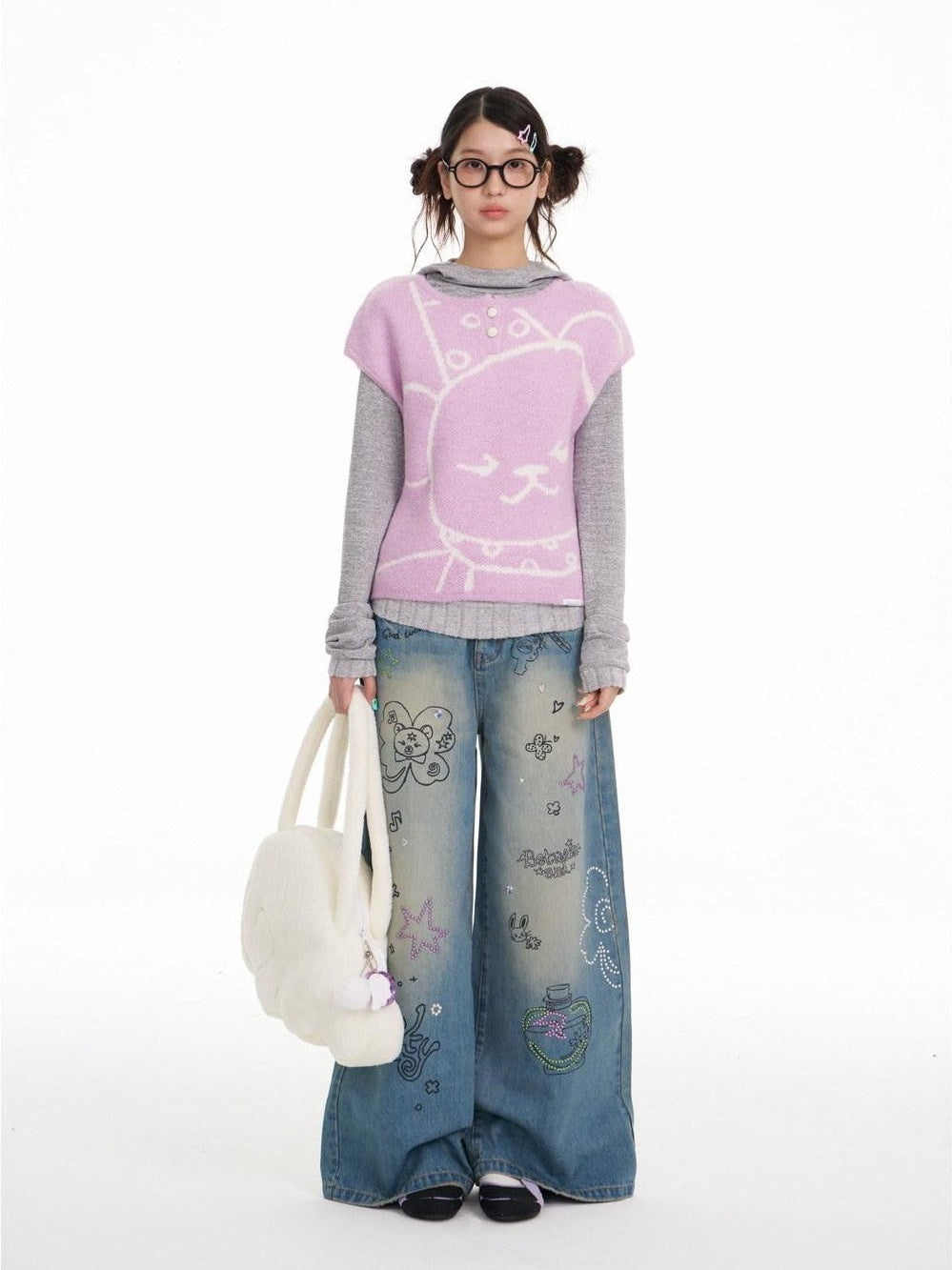 Lilac Bear Print Layered Cap Women's Polyester Blend Short Sleeve T-shirts