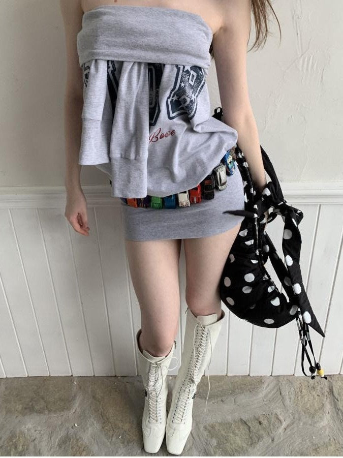American Letter Print Bodycon Long Sleeve Women's Off-shoulder Mini Dresses