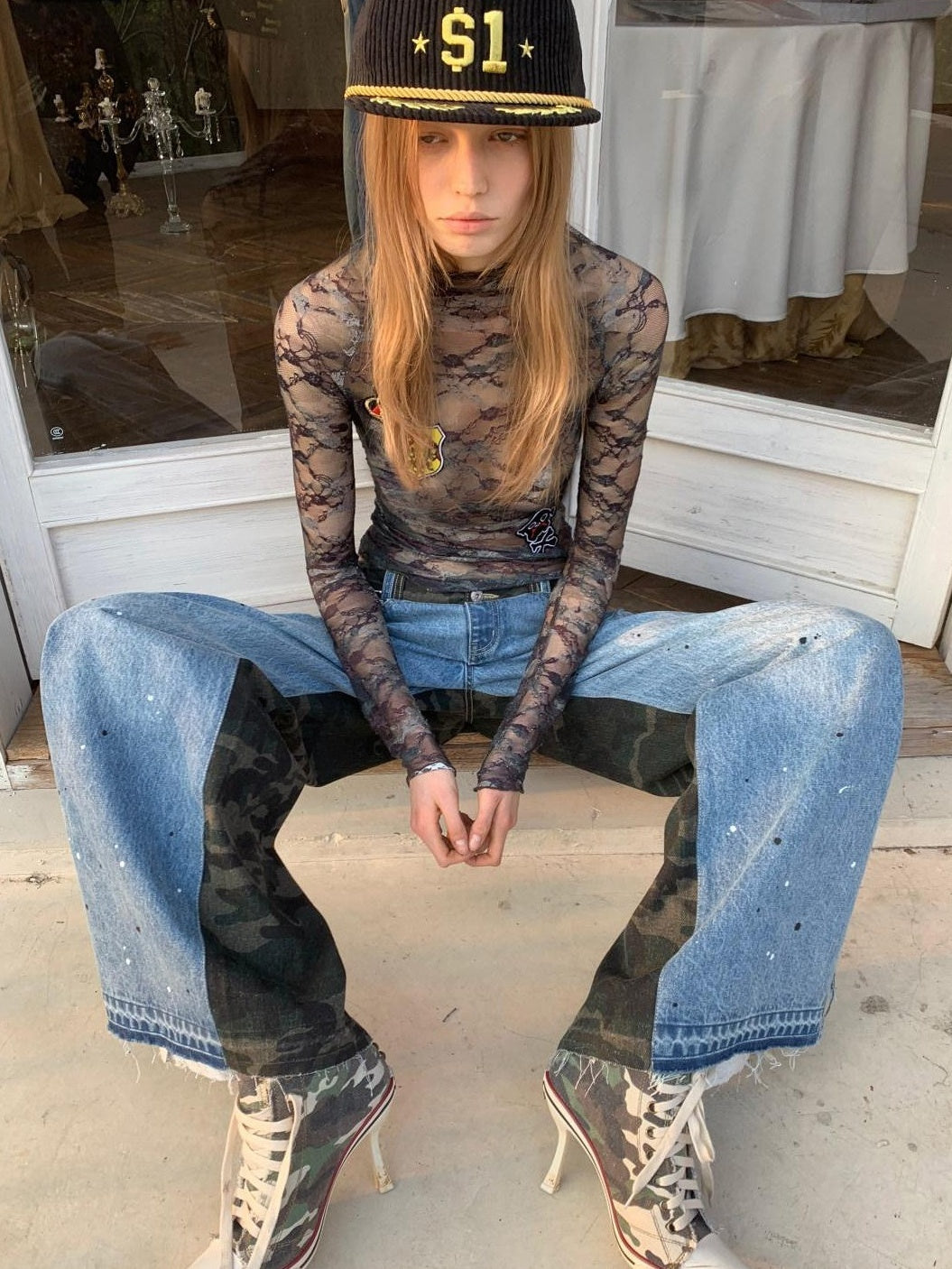 Vintage Double Sided Camo Patch Ink Splatter Women's Cotton Blend Wide-leg Jeans