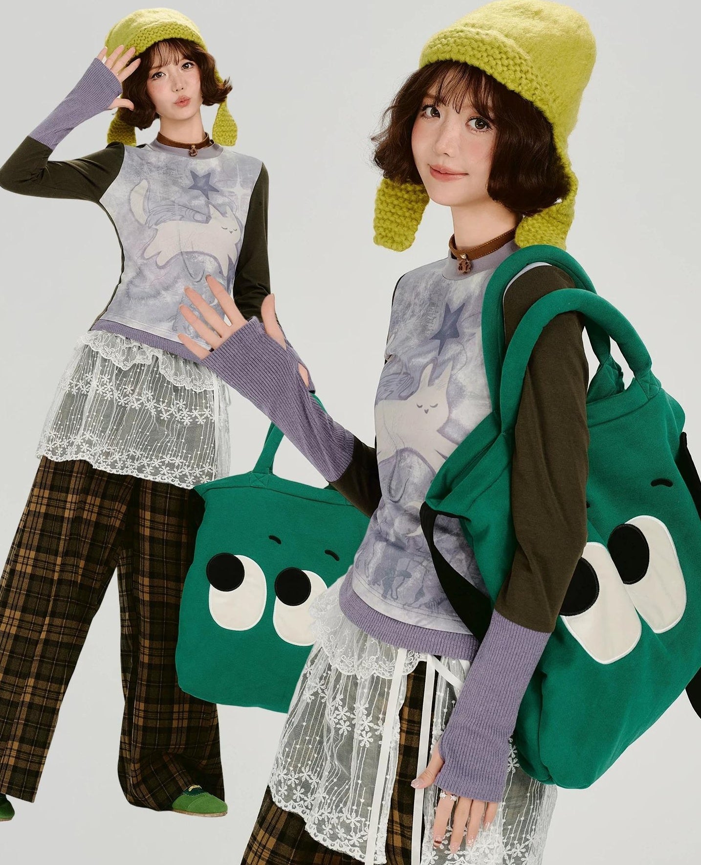Girlyhalo |  RETRO CARTOON SPLICED LONG SLEEVE T-SHIRT【ID:TN00014】