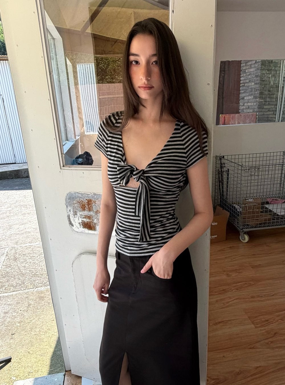 Striped Tie Front Top