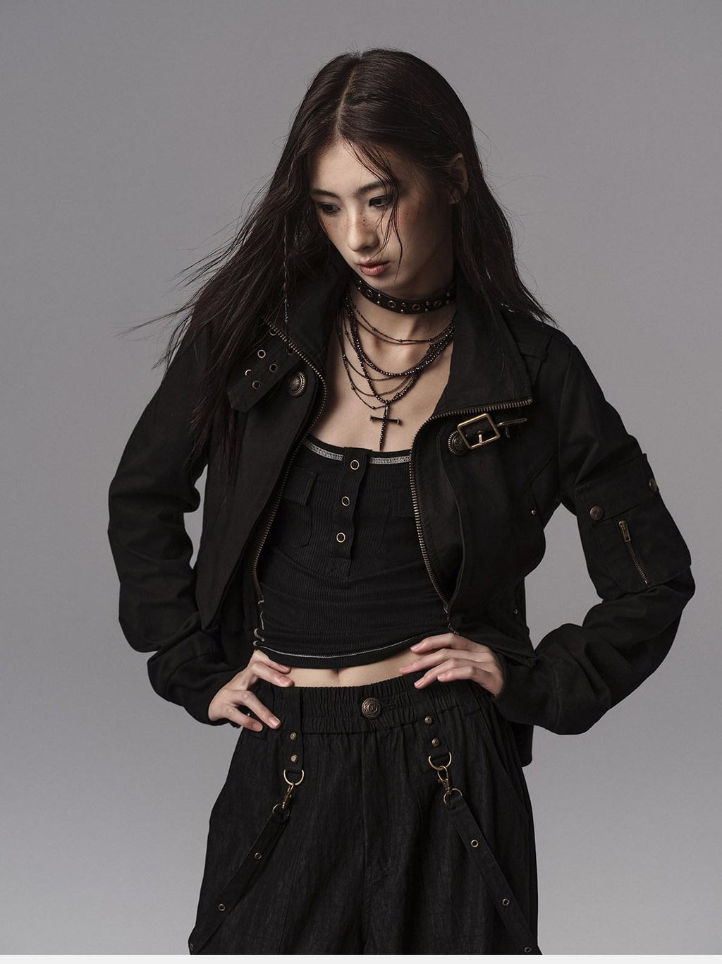 Windproof Vintage Slim Metal Detail Women Cotton Lyocell Button Cropped Jackets