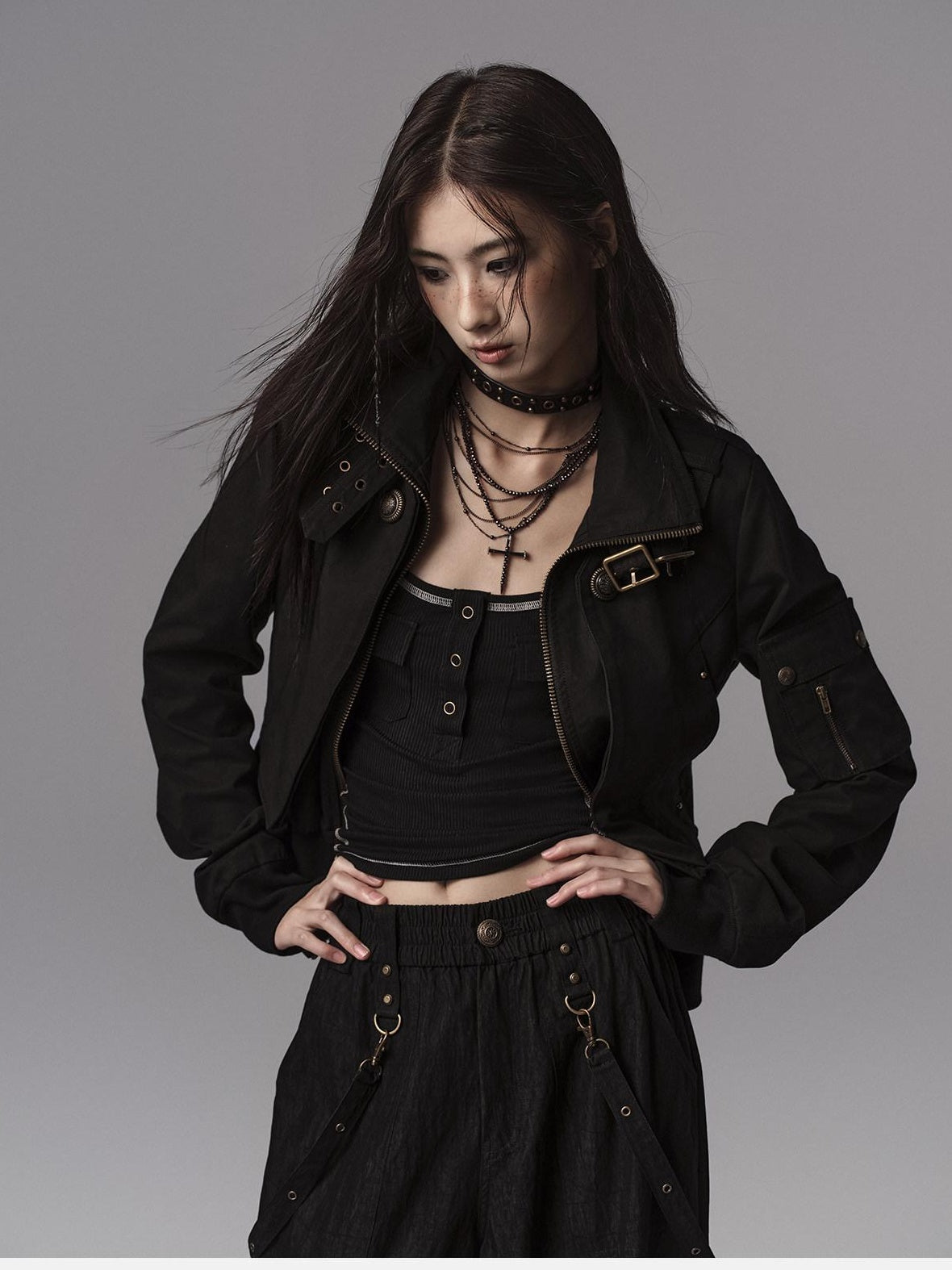 Windproof Vintage Slim Metal Detail Women Cotton Lyocell Button Cropped Jackets