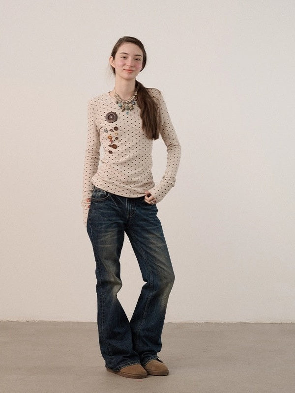 Derong Viscose Spandex Polka Dot Long Sleeve Straight Fit T-Shirt