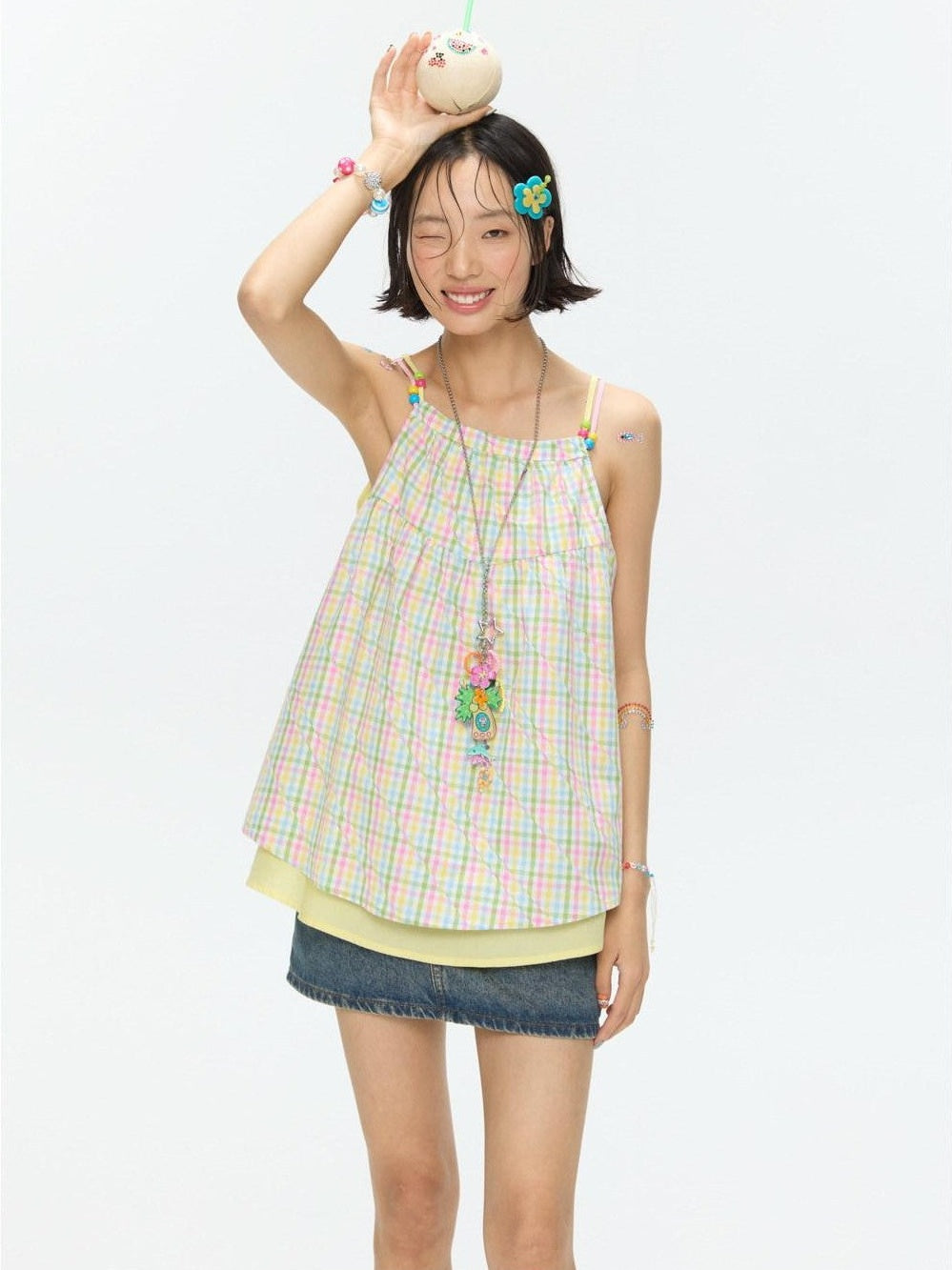 Colorful Plaid Adjustable Straps Loose Fit Women's Pure Cotton Camisoles