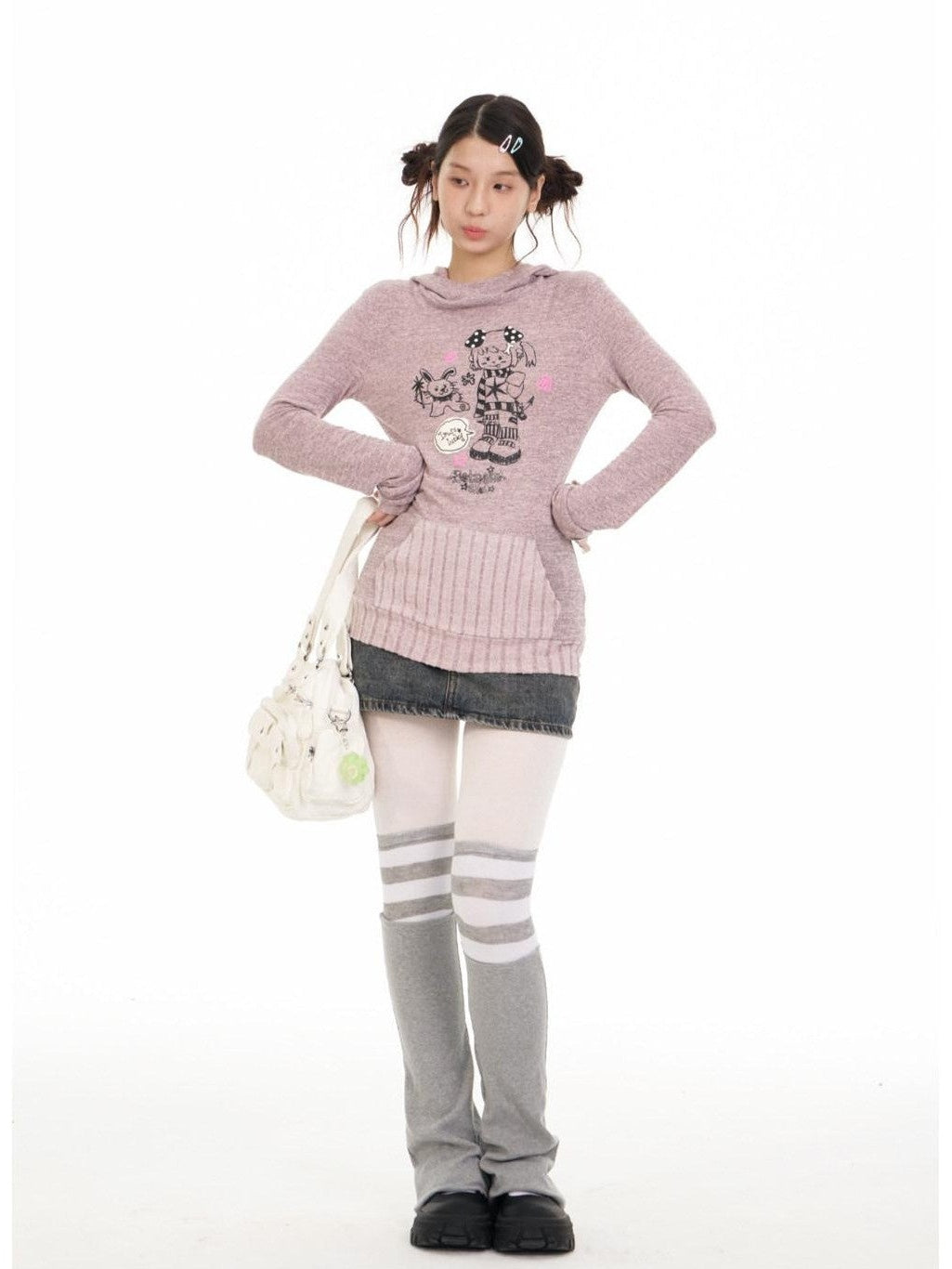 Bunny Ear Hood Puff Print Straight Cut Women's Polyester Blend Hoodies
