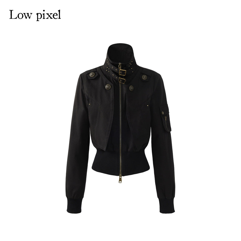 Plush Lined Waist Cinch Dark Goth Slim Fit Women Zip High Collar Cropped Jackets
