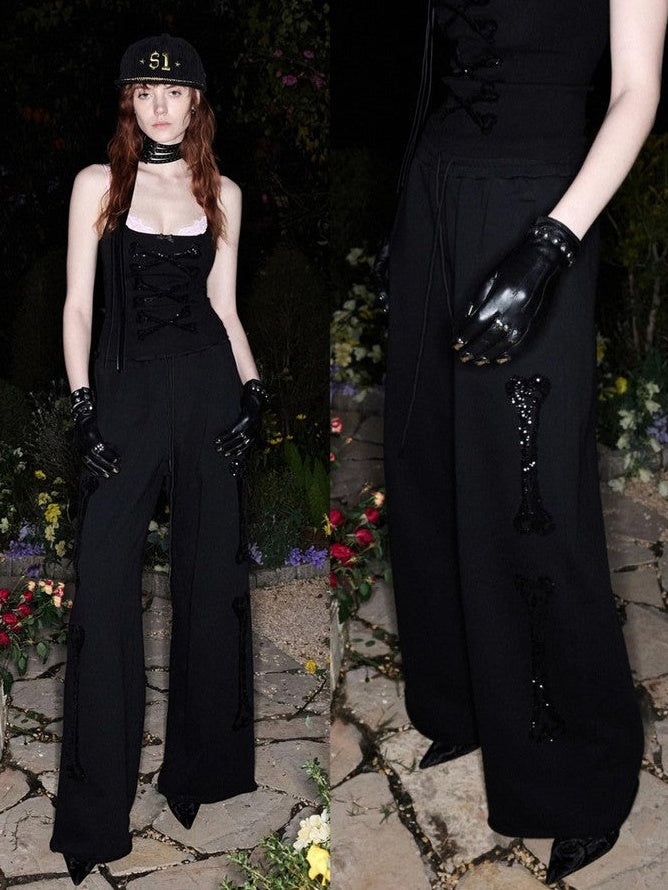 Vintage Bone Sequin Embroidery Stand Collar Cropped Women's Cotton Tracksuit Sets