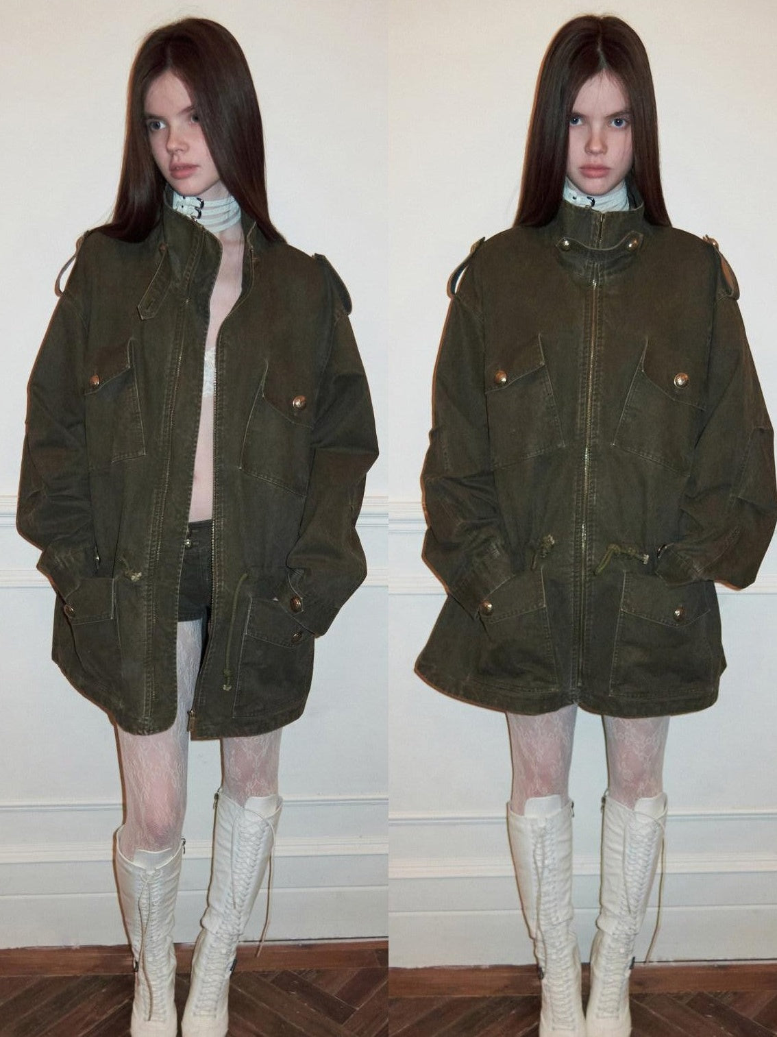 Vintage Washed Distressed Mid Drawstring Pockets Loose Women's Utility Jackets